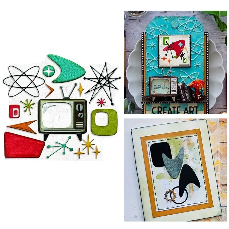 قوالب القطع الذرية الجديدة لعام 2025 بتصميم عتيق لدوامات التلفزيون النجمي العتيق لبطاقات المعايدة ومجلات القصاصات والحرف الورقية