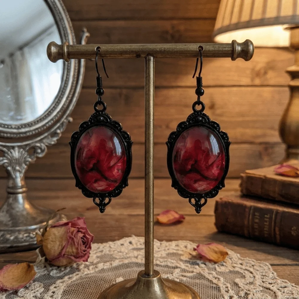 Oval Shape Gothic Resin Earrings Blood Red Black Frame Halloween Dangle Earrings Hollow Frame Lightweight Drop Earrings Party