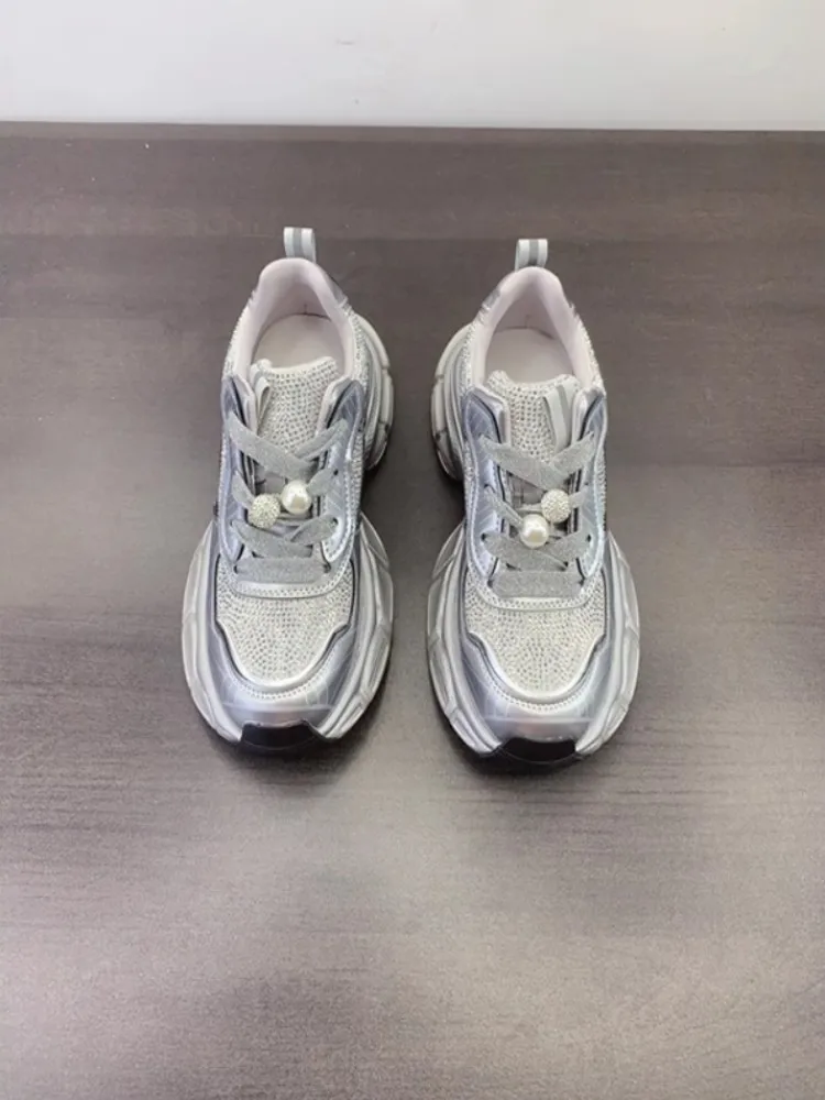 Zapatillas de deporte de cuero genuino con diamantes empalmados para mujer, zapatos deportivos transpirables con plataforma para primavera y otoño, zapatillas deportivas con cordones para correr para mujer