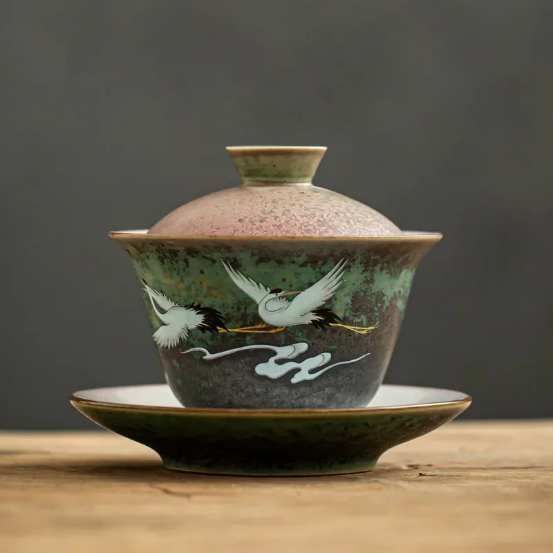

Anti-scald Large Ceramic Retro Tea Cover Bowl with Lid Sancai Gaiwan Single Hand Painted Crane