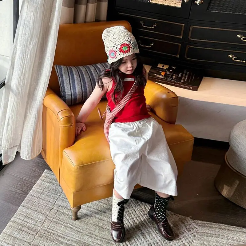 

Korean Version of Children's Clothing Girls' Suit 2025 Summer New Foreign Fashionable Baby Girl Red Vest White Wide-leg Pants