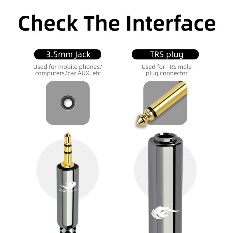 

GOLLEY LION Classic 3.5mm to TRS Female Audio Cable High Purity OFC Double Shielding Black-White Checkered Braided Hi-Fi Sound