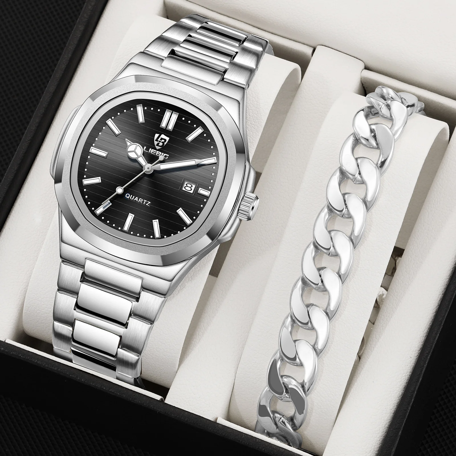 

LIEBIG Роскошные деловые классические кварцевые часы для мужчин и женщин, роскошный календарь, водонепроницаемые мужские наручные часы и браслет