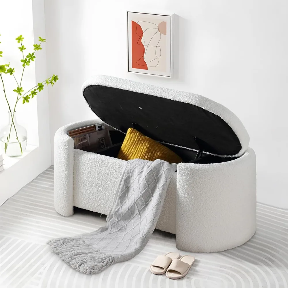 

Storage Ottoman Bench- Modern Wooden Indoor Upholstered Storage Bench End of Bed Stool Sherpa Bench Bedside with Safety Hinge