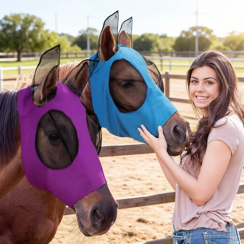 1pc Horse Fly Mask Long Nose with Covered Ears, Stretch Anti-Fly Mesh Bug Eye Equine Mask Comfortable Horse Protective Accessory