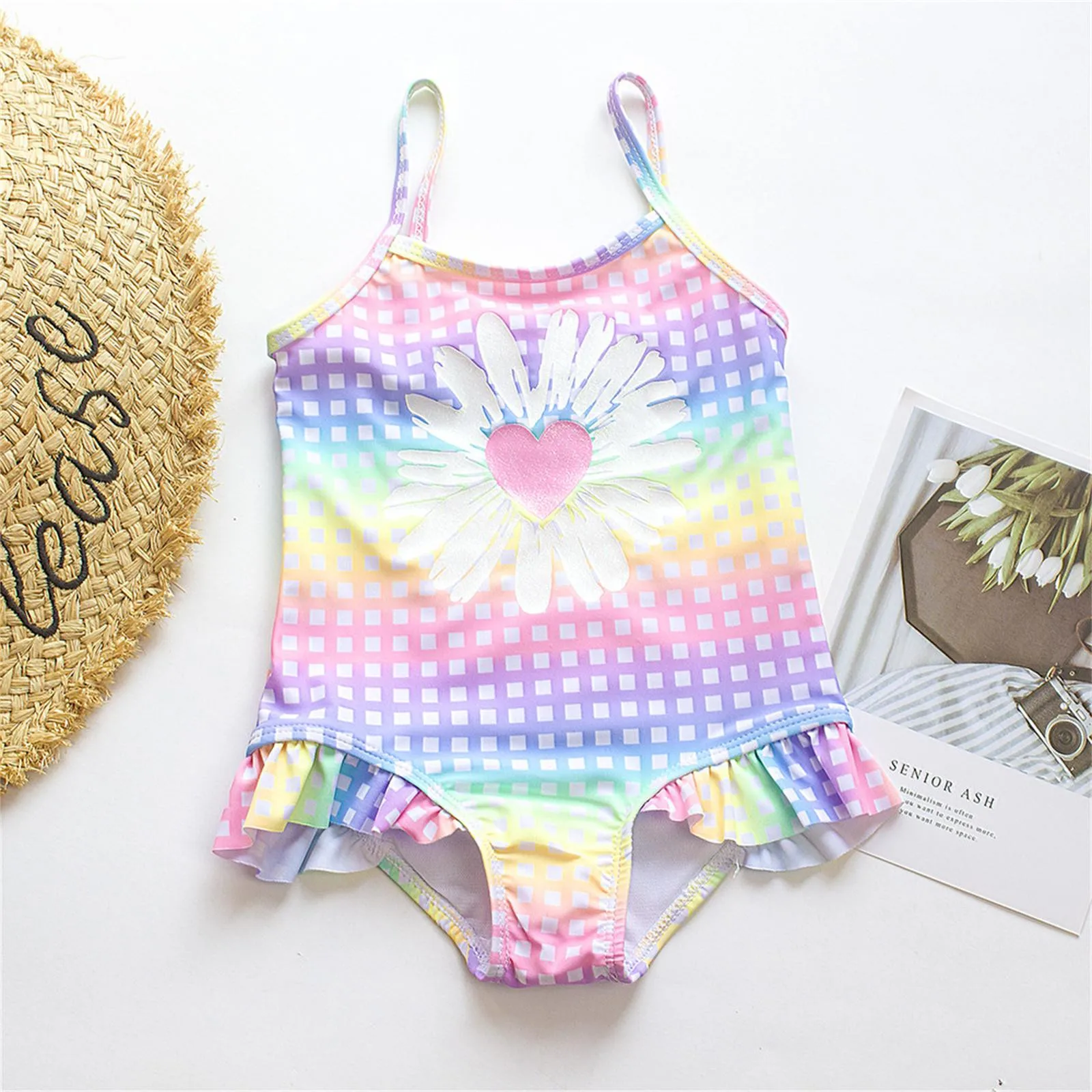 

Swimwear Girls 8 10 2024 Peachheart Print Check Girls' Swimsuit Ruffled 1 Piece Children's Swimsuit Big Kids Bathing Suits Girls