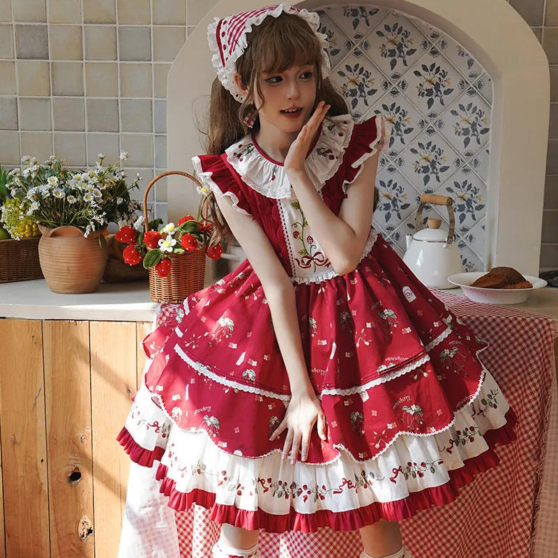 Japanese Sweet Cute Lolita Dress Embroidered Printed Bow Ruffles Splicing Flying Sleeve High Waist A-line Red JSK Dresses Women