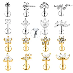 Snake Bee Butterfly Flower Internal Thread Labret Piercing Dragonfly Petals Star Daith Conch Earring 316L Surgical Steel 16G