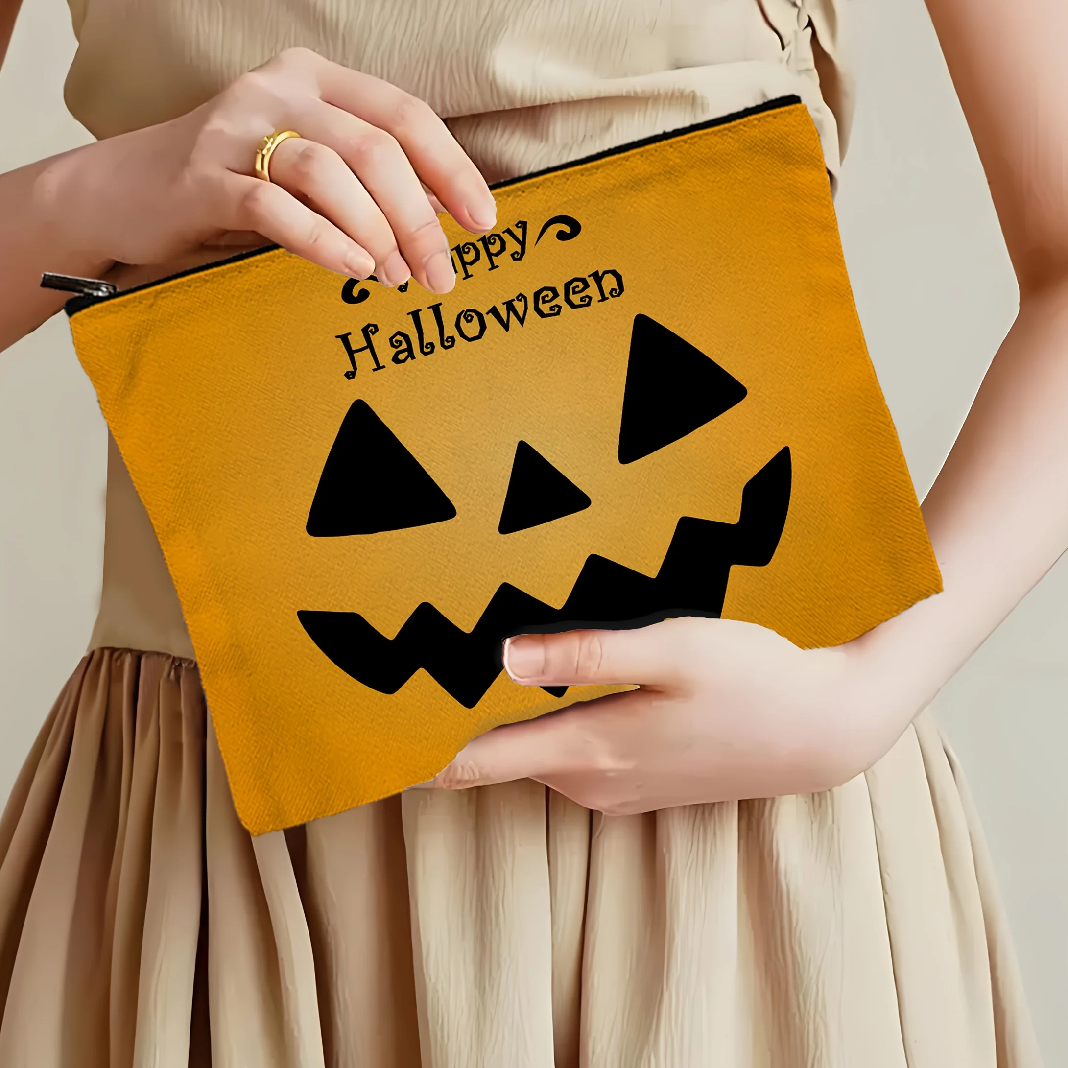 Halloween Makeup Bag with a Quirky Pumpkin Face Design - a Candy Collection Pouch That Doesn'T Fade, a Washable Toiletry Bag, Li