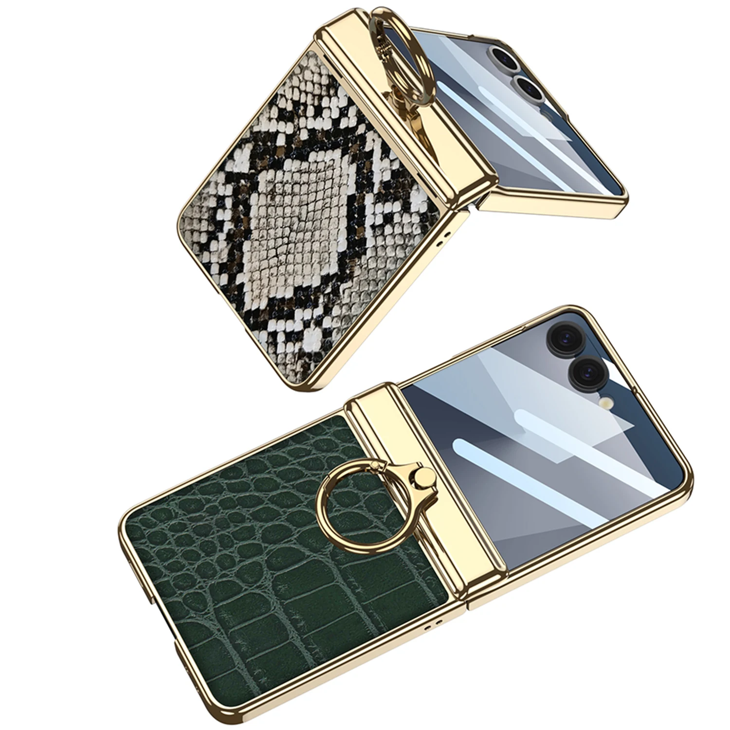 

Luxury & Practical Exotic Alligator Skin Pattern with Magnetic Golden Ring Holder Phone Case For Samsung Z Flip 4 5 6 7 FE
