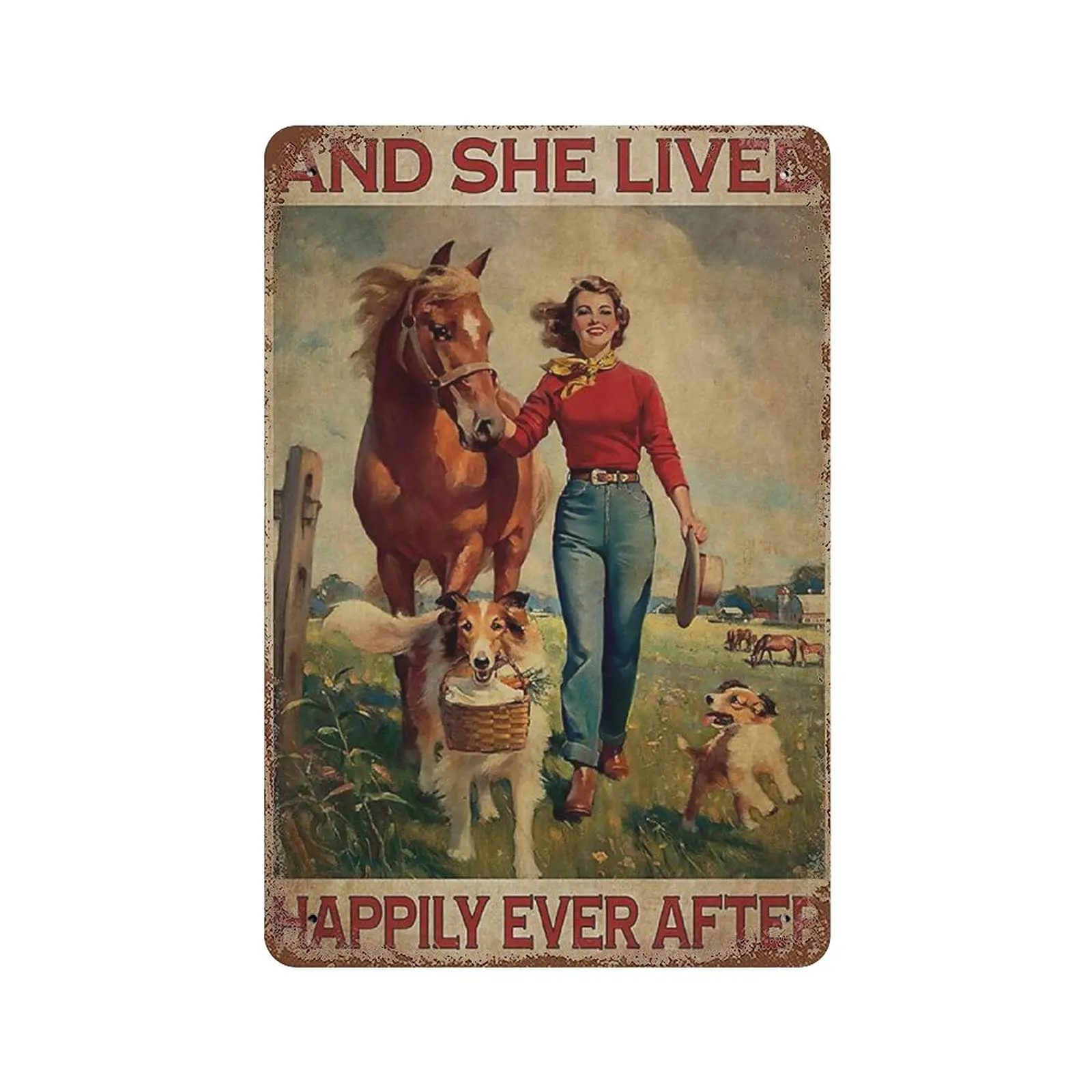 Dreacoss Metal tin sign，Retro Style， Novelty poster，Iron Painting，Girl With Horse And Dog She Lived Happily Ever After, Girl Vin