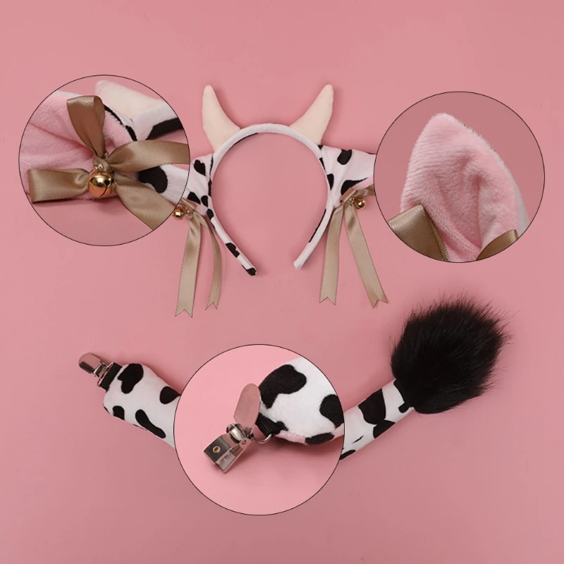 Faux Fur Animal Headbands Furry Cow Ears Headwear Tail Set Hair Hoop for Halloween Cosplay Party Supplies N58F