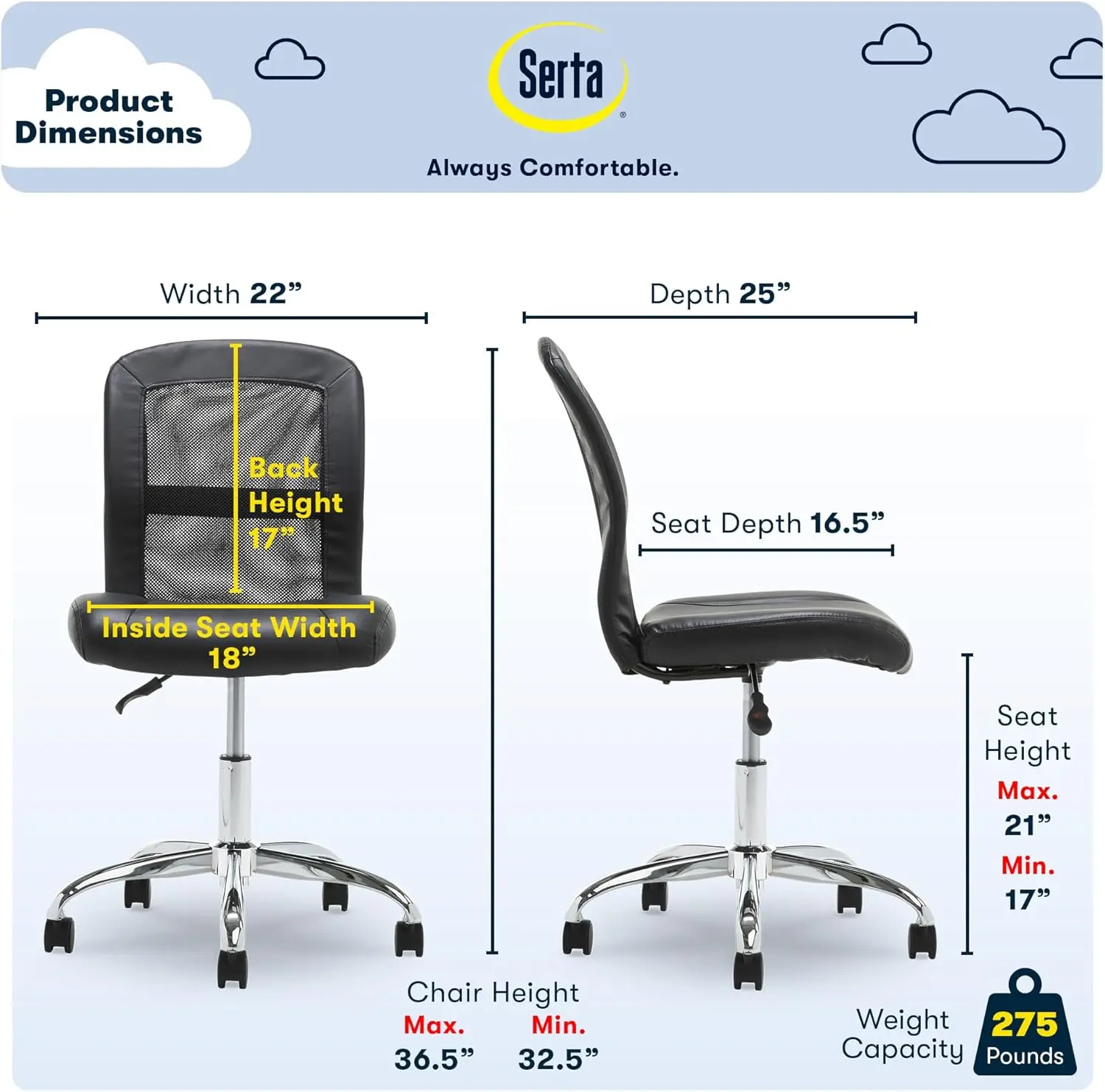 Armless DeskChair, Small Task Chair with Wheels, Breathable Mesh Back, SertaQuality Foam Cushion for Comfort, Functional Black