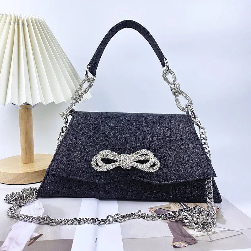 24 New French Bow Diamond Glitter Dinner Bag Mini Square Kelly Chain Hand Shoulder Crossbody borsa da donna