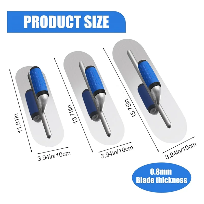 AB11-3PCS Set di cazzuola per piscina in acciaio inossidabile (16 pollici/14 pollici/12 pollici) Strumenti per cazzuola per finitura in cemento piatto