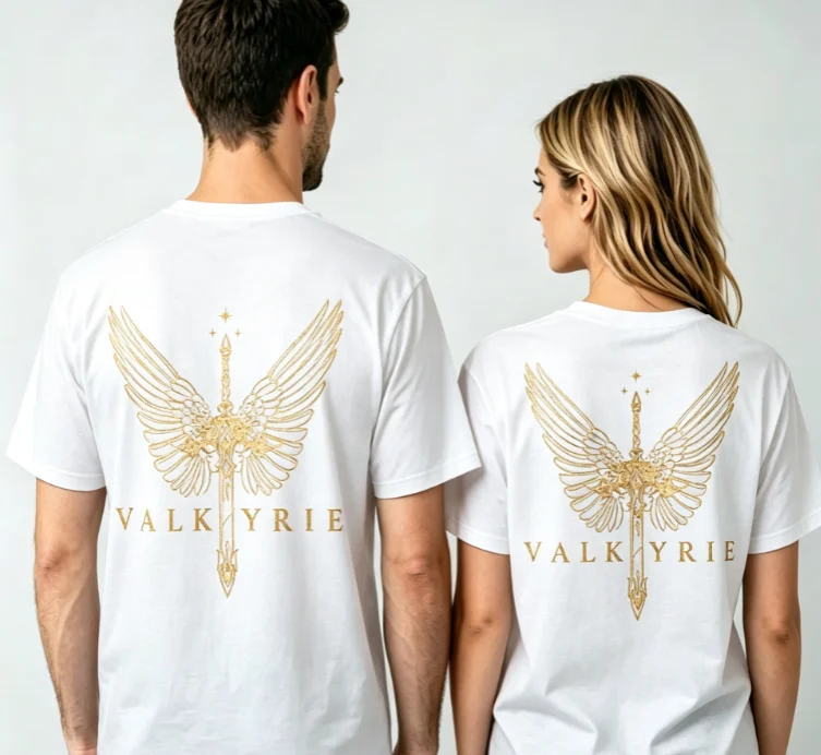 2026 new Neutral style round-neck T-shirt Valkyrie with winged sword and retro gold pattern on the back print T-shirt