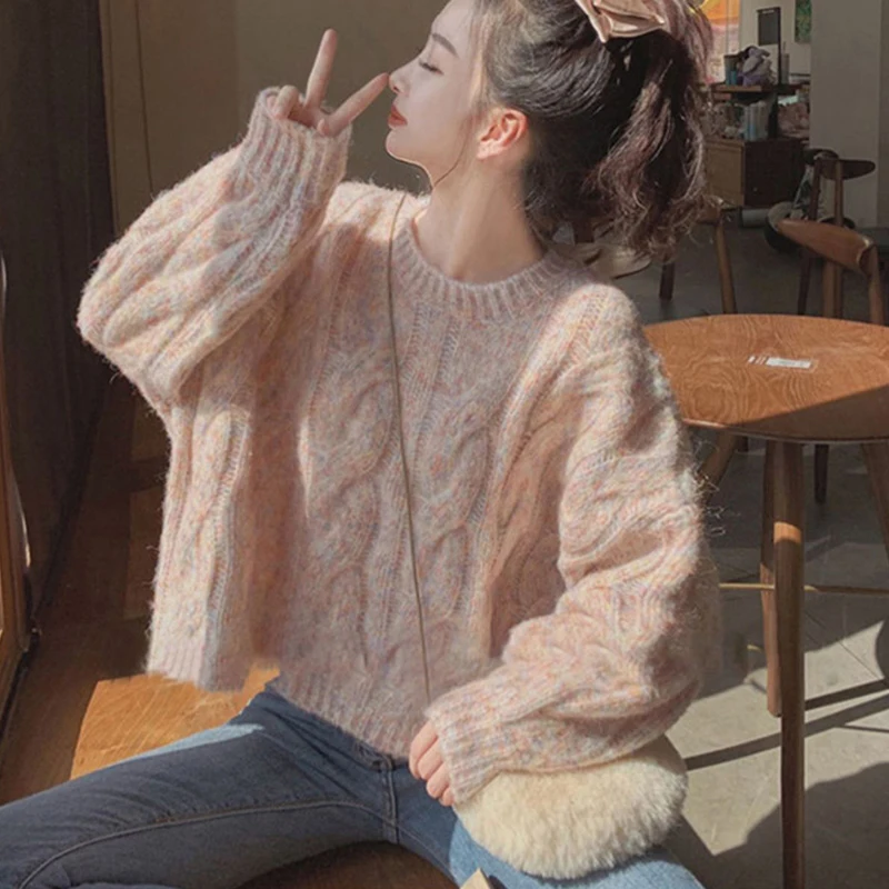 Zoki Pink Sweet Knitted Sweaters Women Loose O Neck Casual Long Sleeve Pullovers Korean Fashion Fall Female Elegant Jumpers New