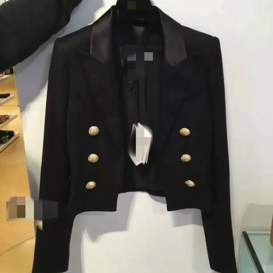 Spring Summer New Women's Short Coat Black Silk Collar Double Row Gold Button Elegant Fashionable Ladies' Jacket