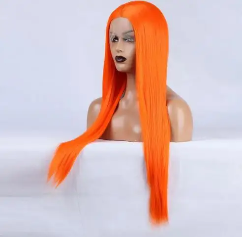 Oranje Pruik Lange Rechte Kanten Voorkant Pruiken Voor Vrouwen Gebruiken Synthetische Pruik Natuurlijke Haarlijn Lijmloze Kant Front Cosplay Haar