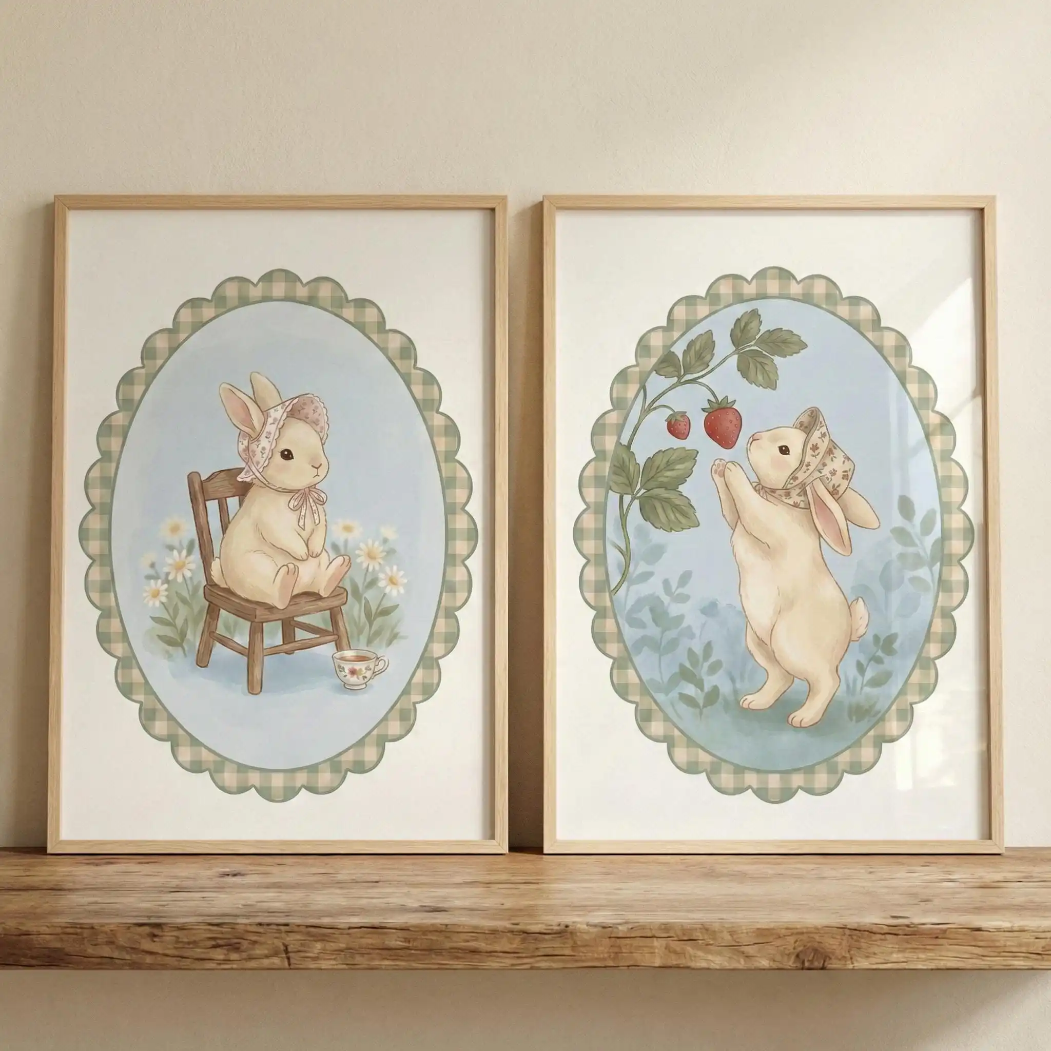 Nursery Rabbit Wall Art Set of 2, Vintage Cottagecore Bunny Nursery Posters Strawberry Animal Illustration for Living Room Decor