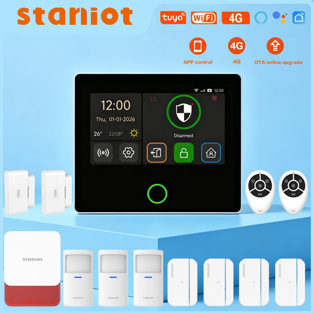 Sistema de segurança residencial Staniot com tela sensível ao toque de 4,3 polegadas, 4G, sirene integrada de 433Mhz, controle remoto via aplicativo Tuya, alarmes sem fio Wi-Fi para casa