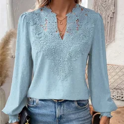 Elegant Office Lady Pullover Shirt 2024 Autumn/Winter New Fashion V-neck Lace Panel Solid Long Sleeve Casual Women's Top Camisas