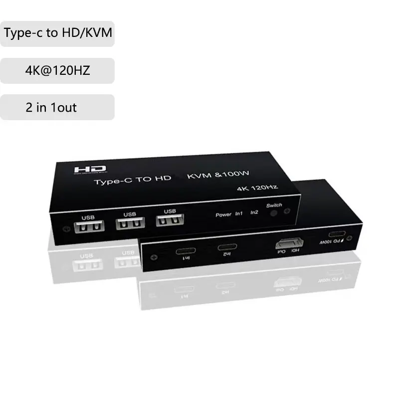 

4K 120Hz Type-C Switch USB C to HD KVM for 2 Computers Share 1 HD-compatible Monitor Support PD 100w Charging and Mouse Keyboard