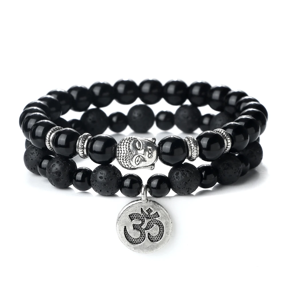 2pcs/Set Natural Stone Bracelet For Women Men Vintage Ethnic Buddha Head Braclets Yoga Om Aum Bracelet Charm Couple Jewelry Gift