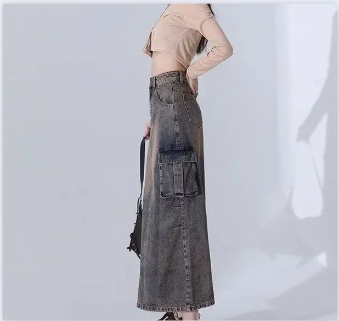 High Street Lange Denim Rok Dames Mode Hoge Taille Slank Een Lijn Retro Rechte Maxi Jurk Lente/Zomer Nieuwe Denim Rokken