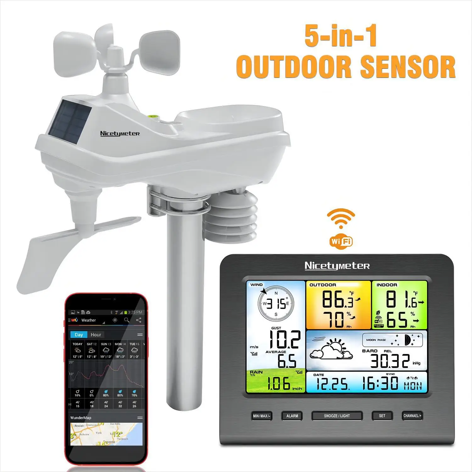 WiFi 5-in-1 Weather Station True Color Screen Real-time Monitoring of Temperature Humidity Wind Speed Rainfall Weather Forecast