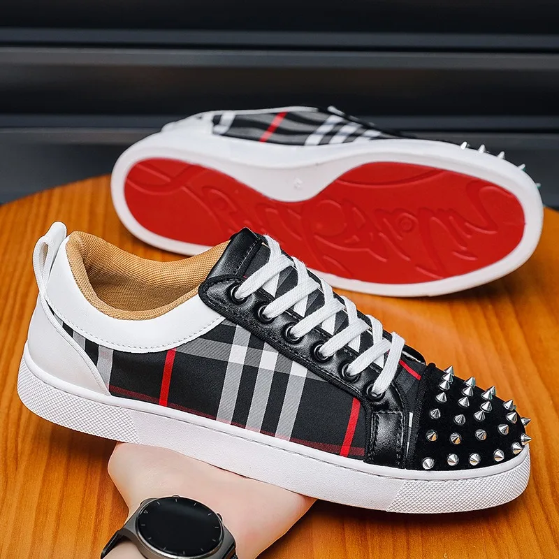 flat shoes for man European Station Men's shoes riveted new trendy brand checkered board shoes men's casual versatile breathable