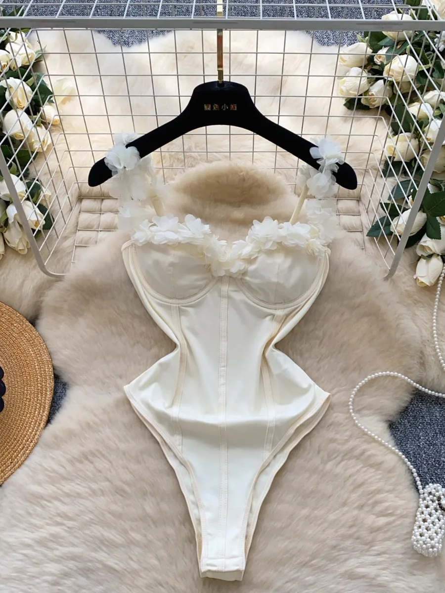 

Foamlina French Sexy 3D Ruffle Halter Sling Bodysuit Women Summer New Hot Girl's Slim Fit Outwear Vest Top Playsuit Apricot