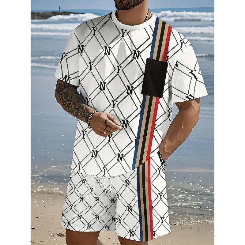 2025 Men's Daily Leisure Sports Street Wear Summer Personalized 3D Printed Round Neck Short Sleeved T-shirt Shorts Set