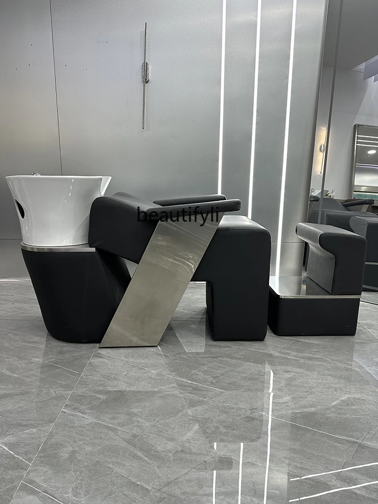 Hair Salon High-End Ceramic Basin Shampoo Chair Barber Shop for Hair Salon Stainless Steel Half Lying Hair Flushing Bed