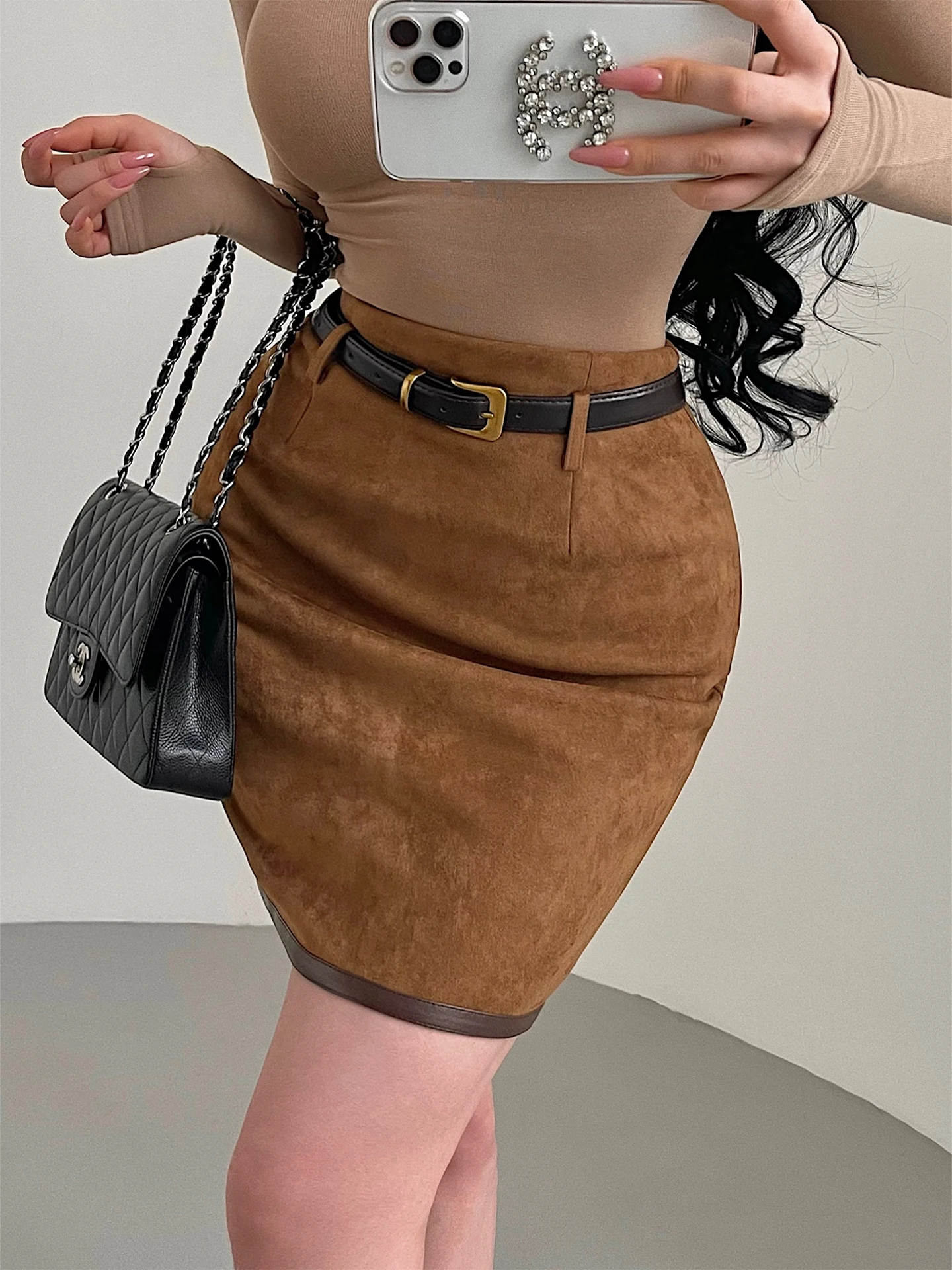 

Sexy High Waist Suede Skirt with Belt Back Split Women's Spring Fashion High Waist Butt Covering Skirts Chinese Style