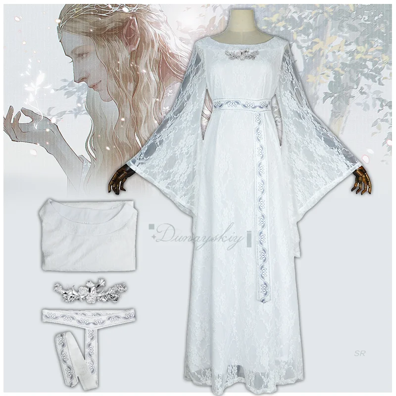 

Костюм для косплея королевы эльфа, белое кружевное длинное платье, элегантная одежда для женщин и девочек, полный комплект, карнавальный костюм на Хэллоуин