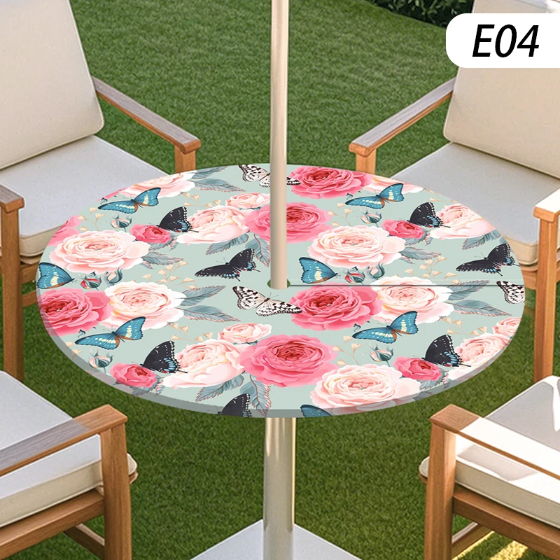 Outdoor Umbrella Hole Round Table Cloth Elastic Fitted Table Cover Waterproof Dining Picnic Camping Courtyard Tablecloth