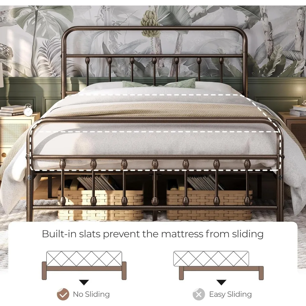 إطار سرير بمنصة معدنية على الطراز الفيكتوري مع لوح رأسي فني حديدي ولوح قدم وتخزين لأساس المراتب