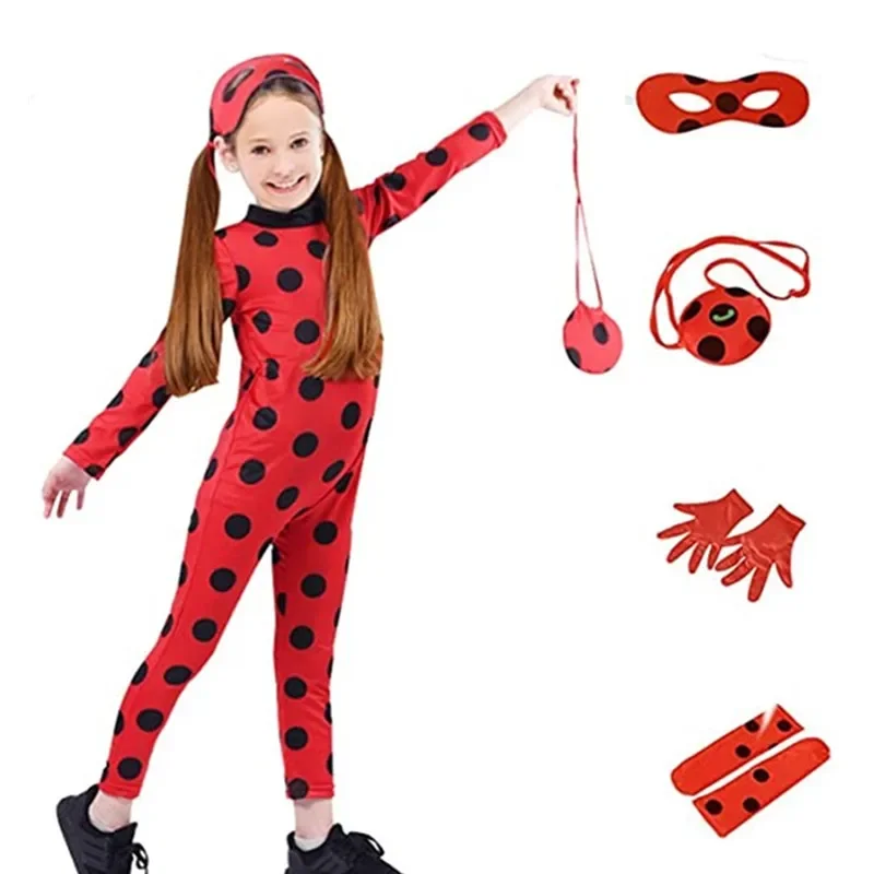 Christmas Child Bug Costume for Girls-Red Dress Up Jumpsuit Mask Bag Easter Marinette Cosplay Costumes Party Little Beetle Suits