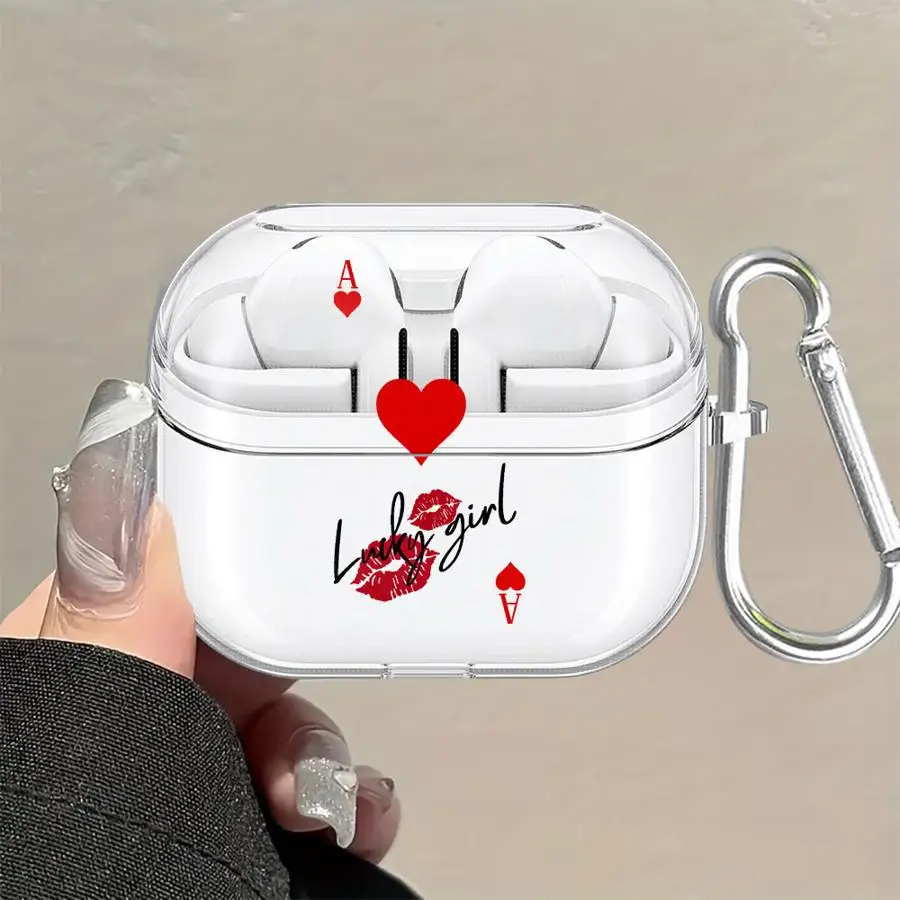Flame Heart Poker Art Case For Samsung Galaxy Buds 3Pro Live 4Pro 2Pro 3 FE 2 4 Pro Clear Earphone Cases Cover With Hook