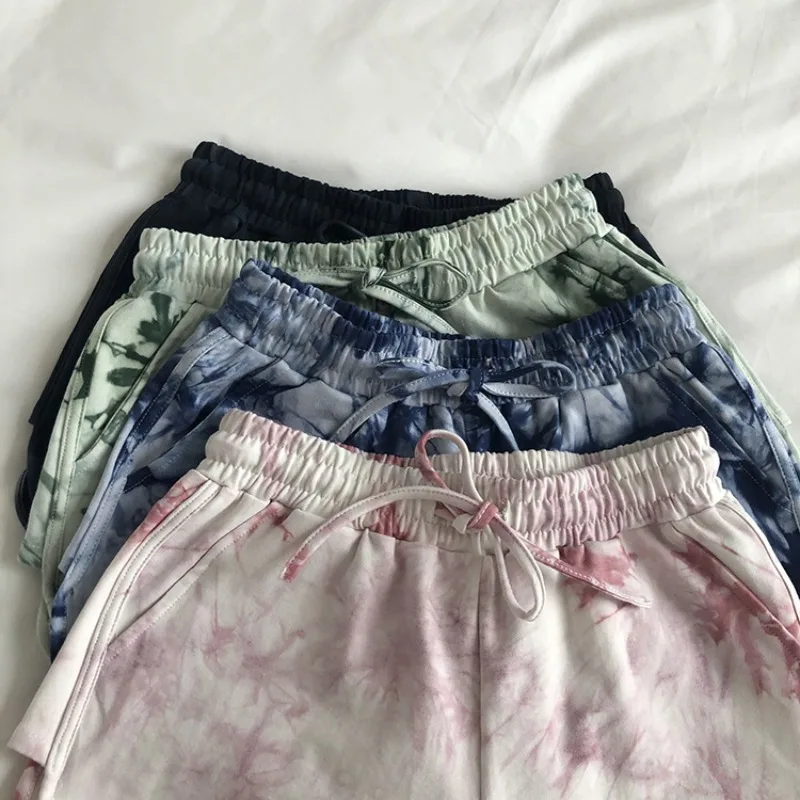 Thai Tie Dye Sports Pants for Women Loose Wide Legged Casual High Waisted Elegant Style Shorts Running Hot Pants Beach Pants