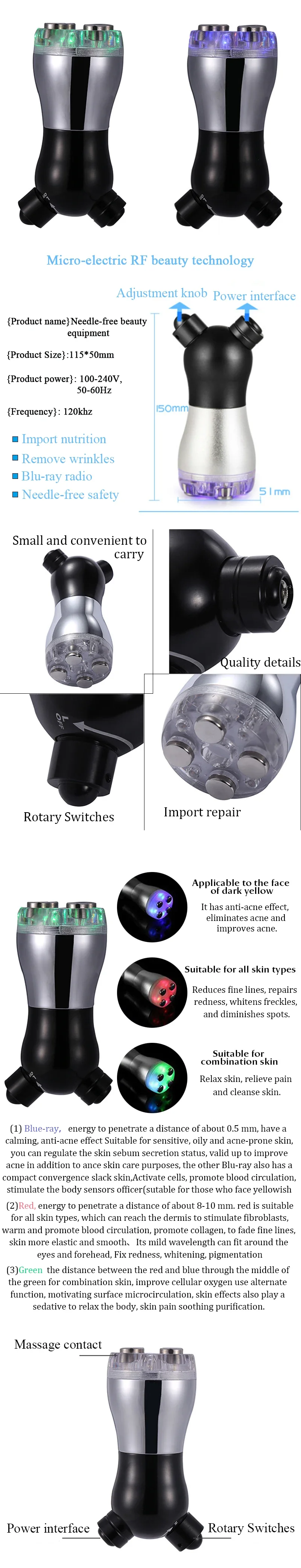 Mikrostrom-RF-LED-Photonen-Schönheitsgerät mit Nadel  Kostenloses Elektroporations-Massagegerät für Gesichts- und Hautstraffung sowie Hautverjüngung – Detail 3