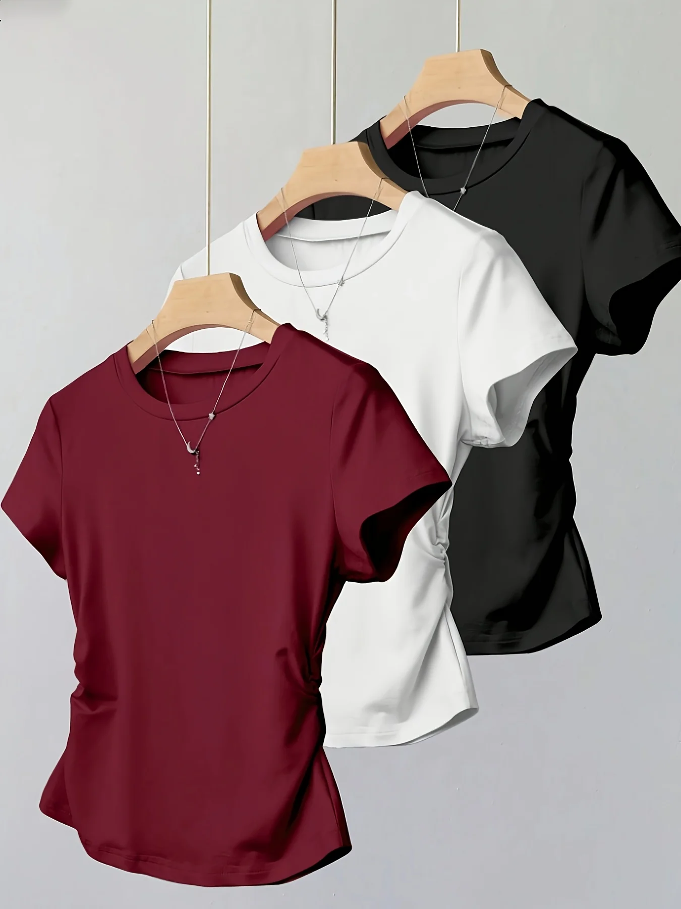 3-Piece Women's Casual T-Shirt Soft Garden Collar Side Pleated Waist Short Sleeve Top