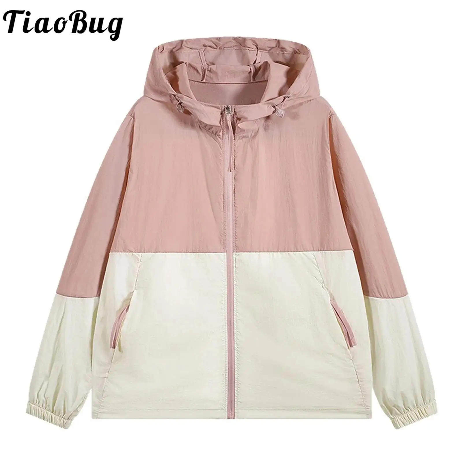 

Women Men Hooded Outerwear Contrast Color Zipper Pockets Waterproof Sun Protection Jackets for Hiking Trekking Daily Casual