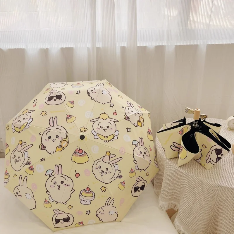 3 Fold Fully Automatic Umbrella Cute Black Glue Lining Anti UV Portable Dual Use Rain Sun Parasol