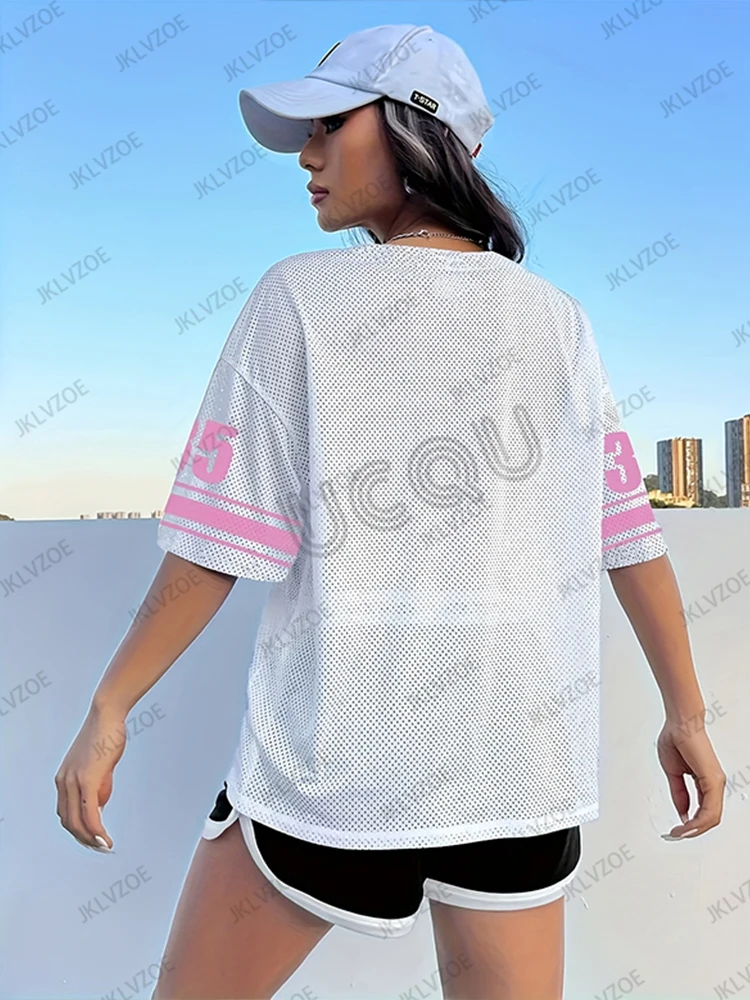 Camiseta con estampado de Los Ángeles 35 para mujer, camiseta deportiva de fútbol de manga corta con cuello en V y retazos, Tops holgados de gran tamaño Y2K, novedad de verano