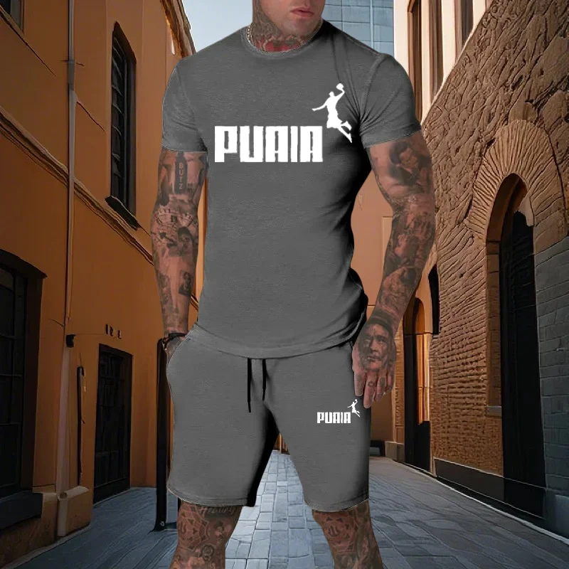 

Летний мужской комплект из двух предметов, спортивный повседневный комплект с принтом, комплект с короткими рукавами, мужская футболка + шорты, спортивная одежда для фитнеса