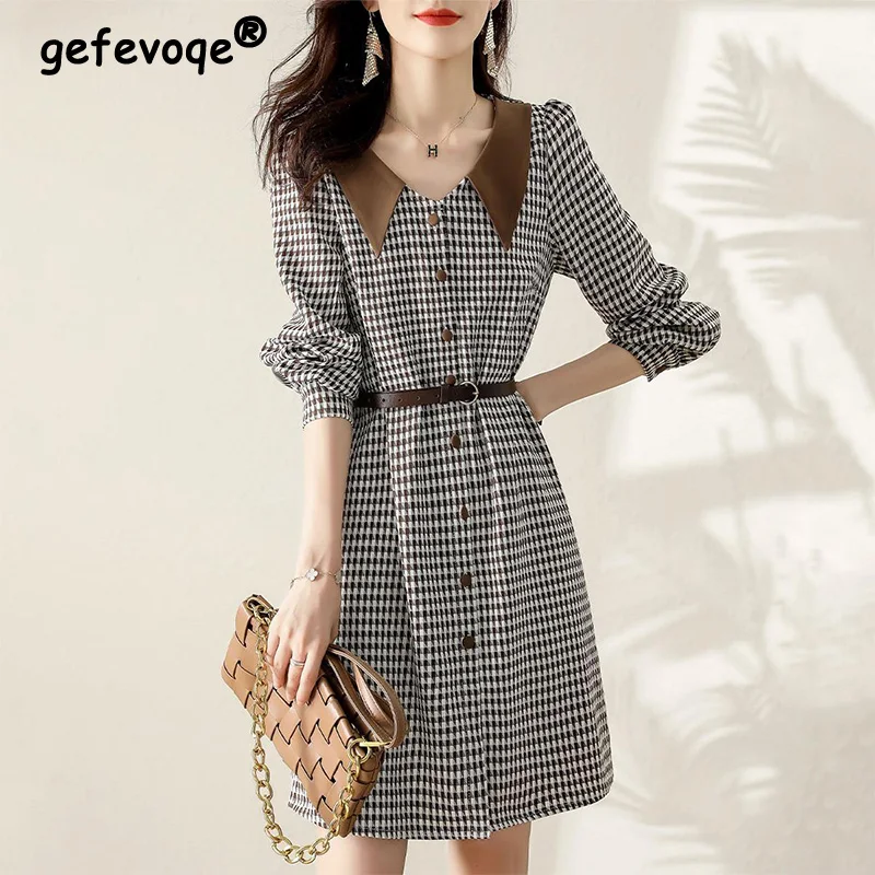 

Elegant Fashion Plaid Patchwork Button Dress Spring 2022 New Long Sleeve V-Neck Loose Pullover Tunic Midi Dress Women's Clothing