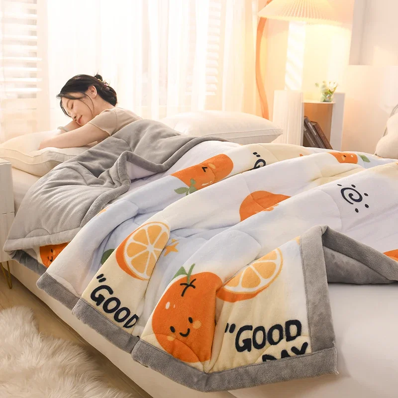Spring Autumn Warm Thick Blanket for Bed Cartoon Pattern Three-Layer Milk Velvet Blanket Single Double Size Soft Plush Comforter