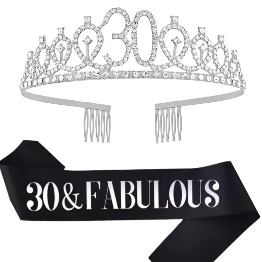 Glitter Silvery Birthday Tiara Crown Sash Women Girls 18th 21St 30Th 40Th 50Th 60Th 70th Birthday Party Prom Gifts - view 3